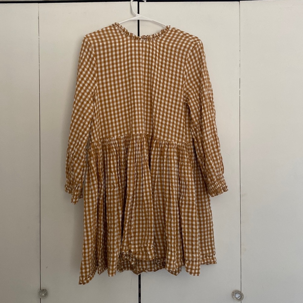 Free People Brown Gingham Long Sleeve Dress